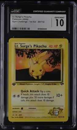 Pokemon Lt. Surge's Pikachu #84, 1st Edition Gym Challenge, Wotc, CGC 10!!! - Image 2