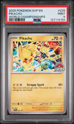 2025 POKEMON SVP EN-SV BLACK STAR PROMO WORLD CHAMPIONSHIPS #225 PIKACHU PSA 9 - Image 1