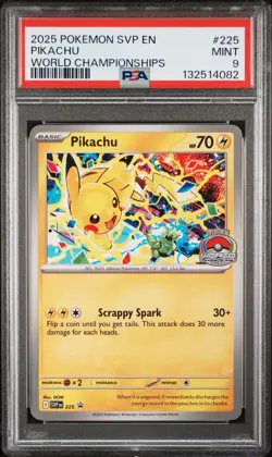 2025 POKEMON SVP EN-SV BLACK STAR PROMO WORLD CHAMPIONSHIPS #225 PIKACHU PSA 9 - Image 1