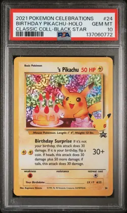 2021 Pokemon Celebrations Birthday Pikachu Holo Class Coll Black Star #24 PSA 10 - Image 1