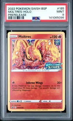 Pokemon 2022 Black Star Promo SWSH185 Moltres Brilliant Stars Pre-Release, PSA 9 - Image 1