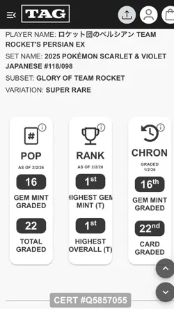Pokemon TCG Team Rockets Persian EX 118/098 Super Rare TAG Gem Mint 10 Graded #1 - Image 3