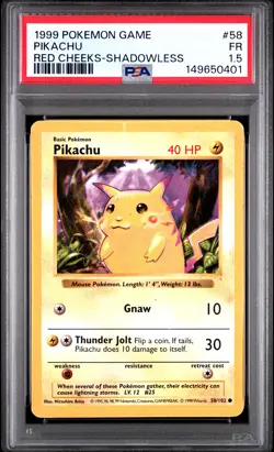 1999 POKEMON BASE SET SHADOWLESS RED CHEEKS #58 PIKACHU PSA 1.5 - Image 1