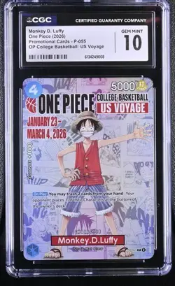 CGC GEM MINT 10 Monkey D. Luffy One Piece 2026 College Basketball Voyage #P-055 - Image 1