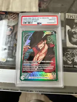 One Piece op14-eb04 The azure sea's seven Dracule Mihawk Alt Art Leader PSA 10 - Image 1