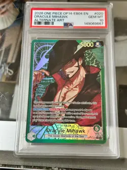 One Piece op14-eb04 The azure sea's seven Dracule Mihawk Alt Art Leader PSA 10 - Image 2