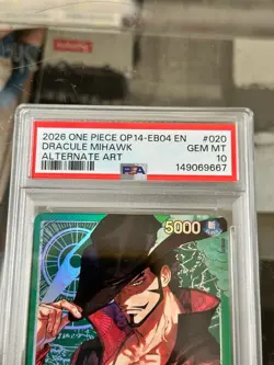 One Piece op14-eb04 The azure sea's seven Dracule Mihawk Alt Art Leader PSA 10 - Image 3