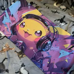 Pikachu Wearing Headphones Rubber Playmat Tcg Neon Trading Card Game Pokemon - Image 1