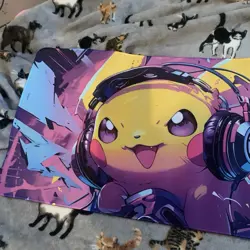 Pikachu Wearing Headphones Rubber Playmat Tcg Neon Trading Card Game Pokemon - Image 4