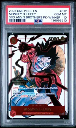 2025 ONE PIECE 3RD ANNIVERSARY WINNER 3 BROTHERS #012 MONKEY D LUFFY PSA 10 - Image 1