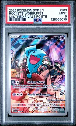 2025 POKEMON DESTINED RIVALS POKEMON CENTER ETB TEAM ROCKET'S WOBBUFFET PSA 9 - Image 1