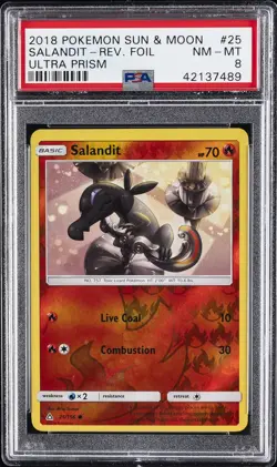 2018 POKEMON SUN & MOON ULTRA PRISM #25 SALANDIT-REVERSE FOIL PSA 8 - Image 1