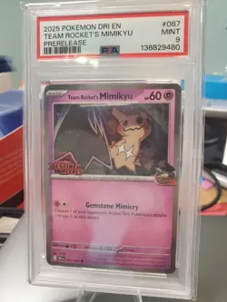 PSA 9 MINT 2025 Pokemon Destined Rivals TEAM ROCKET'S MIMIKYU #087 Prerelease - Image 1