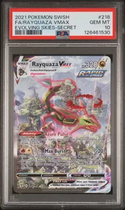 PSA 10 Rayquaza VMAX FA #218 GEM MINT 2021 Pokemon SWSH Evolving Skies Secret UK - Image 1