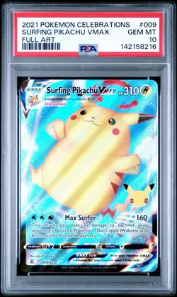 2021 Pokemon Celebrations 009 Surfing Pikachu VMAX Full Art PSA 10 - Image 1