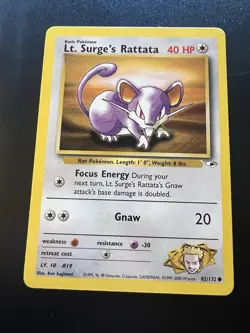 Lt. Surge’s Rattata 82/132 Gym Heroes Unlimited 2000 Pokemon Card Common NM - Image 1