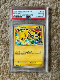 2025 POKEMON SVP EN-SV BLACK STAR PROMO WORLD CHAMPIONSHIPS #225 PIKACHU PSA 8 - Image 1