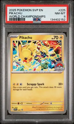 2025 POKEMON SVP EN-SV BLACK STAR PROMO WORLD CHAMPIONSHIPS #225 PIKACHU PSA 8 - Image 1