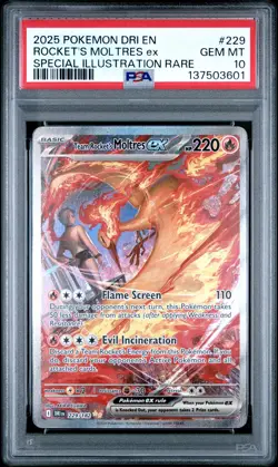 2025 POKEMON DRI EN-DESTINED RIVALS #229 TEAM ROCKET'S MOLTRES EX PSA 10 - Image 1