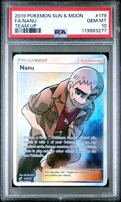 2019 POKEMON SUN & MOON TEAM UP #179 FULL ART/NANU PSA 10 - Image 1
