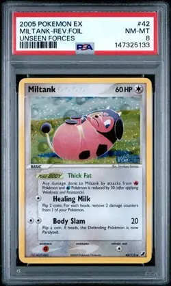 2005 POKEMON EX UNSEEN FORCES #42 MILTANK-REVERSE FOIL PSA 8 - Image 1