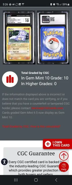 (TOP POP 10) CGC 10 GEM MINT Pokemon Rhydon Reverse Holo EX Hidden Legend 46/101 - Image 5