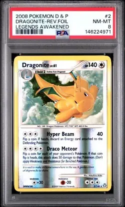 2008 Pokemon D&P Dragonite Reverse Holo Foil Legends Awakened #2 PSA 8 - Image 1