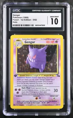 Pokemon English Gengar 5/62 1999 Fossil - 1st Edition Rare Holo CGC 10 Gem Mint - Image 1