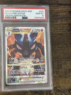 2023 Pokemon SWSH Lucario avatar SWSH291 PSA 10 Gem Mint Crown Zenith ETB - Image 1