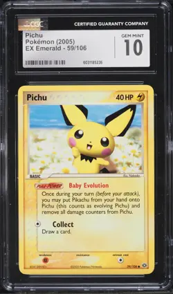 2005 Pokemon EX Emerald Pichu #59 CGC 10 - Image 1
