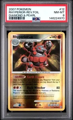 2007 POKEMON DIAMOND & PEARL #12 RHYPERIOR-REVERSE FOIL PSA 8 - Image 1