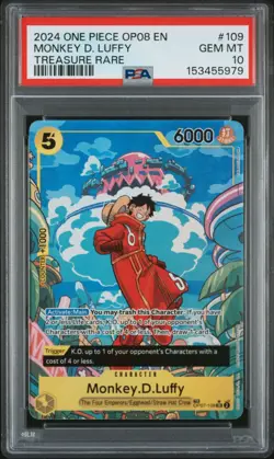 2024 One Piece OP08 EN Treasure Rare #109 Monkey D Luffy PSA 10 GEM MINT - Image 1