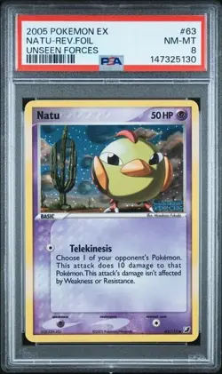 2005 POKEMON EX NATU REVERSE FOIL UNSEEN FORCES stamped 63/115 PSA 8 - Image 1