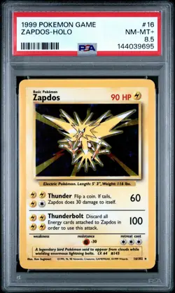 1999 POKEMON BASE SET UNLIMITED #16 ZAPDOS-HOLO PSA 8.5 - Image 1