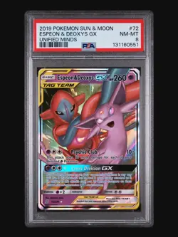 2019 POKEMON SUN & MOON UNIFIED MINDS #72/236 ESPEON DEOXYS GX TAG TEAM PSA 8 - Image 1