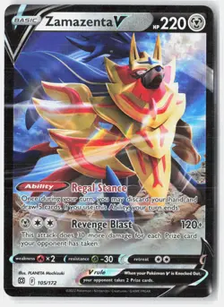 Zamazenta V 105/172 Holo V Rare Brilliant Stars Pokemon Near Mint - Image 1