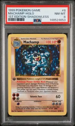 1999 POKEMON GAME 1ST EDITION-SHADOWLESS #8 MACHAMP-HOLO PSA 8 - Image 1