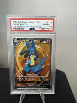 2022 POKEMON SWSH BLACK STAR PROMO #213 FA/LUCARIO V PREM.COLL. PSA10 - Image 1