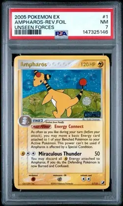 2005 POKEMON EX UNSEEN FORCES #1 AMPHAROS-REVERSE FOIL PSA 7 - Image 1