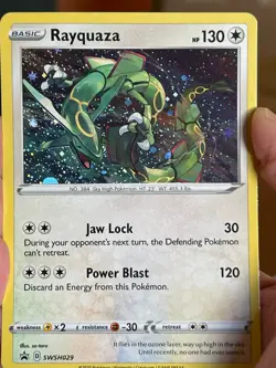 POKEMON RAYQUAZA SWSH029 BLACK PROMO STAR COSMOS HOLOFOIL WITH SWIRL NM CARD - Image 1