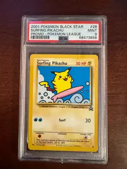 Pokemon League Black Star Surfing Pikachu Promo #28 PSA9 Cert # 68473858 - Image 1