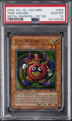 2002 YU-GI-OH! MRD-METAL RAIDERS 1ST EDITION #065 TIME WIZARD PSA 10 - Image 1