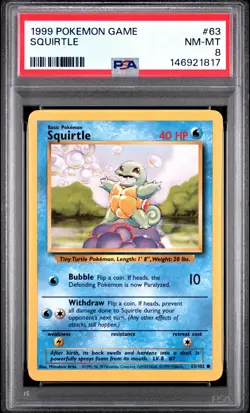 1999 POKEMON BASE SET UNLIMITED #63 SQUIRTLE PSA 8 - Image 1
