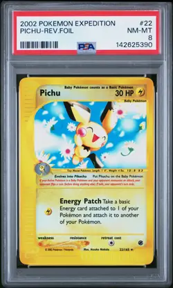 2002 POKEMON EXPEDITION #22 PICHU-REVERSE FOIL PSA 8 - Image 1