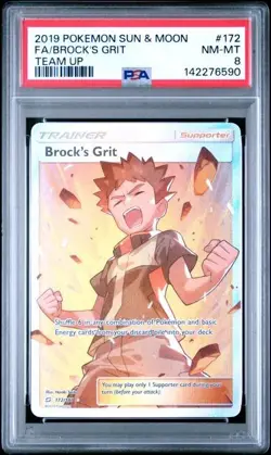 PSA 8 BROCK'S GRIT 172 TEAM UP SUN & MOON TRAINER POKEMON NM- MINT - Image 1