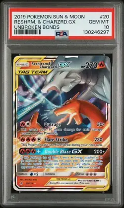 2019 Pokemon Sun & Moon Reshiram Charizard GX Unbroken Bonds #20 PSA 10 GEM MT - Image 1
