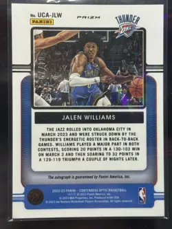 2022-23 Panini Contenders Optic Jalen Williams #UCA-JLW Blue Prizm /75 (AU, RC) - Image 2