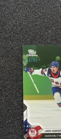 2026 Topps Now Chrome Jack Hughes Golden Goal! USA Ice Hockey Green /99 - Image 4