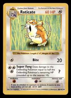 Raticate 40/102 Uncommon Base Set Shadowless Pokemon Unlimited Near Mint - Image 1
