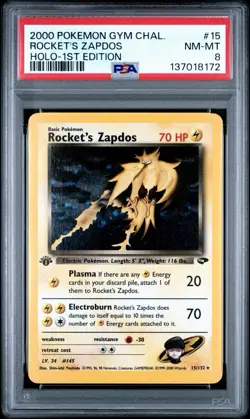 2000 POKEMON GYM CHALLENGE HOLO-1ST ED #15 ROCKET'S ZAPDOS PSA 8 - Image 1